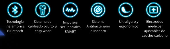 Tecnología inalámbrica Bluetooth Sistema de cableado oculto & easy wear Impulsos secuenciales SMART Sistema Antibacteriano e inodoro Ultraligero y ergonómico Electrodos médicos ajustables de caucho-carbono