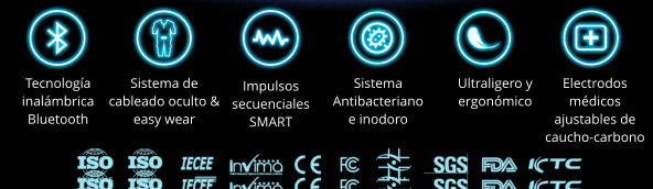 Tecnología inalámbrica Bluetooth Sistema de cableado oculto & easy wear Impulsos secuenciales SMART Sistema Antibacteriano e inodoro Ultraligero y ergonómico Electrodos médicos ajustables de caucho-carbono