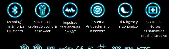 Tecnología inalámbrica Bluetooth Sistema de cableado oculto & easy wear Impulsos secuenciales SMART Sistema Antibacteriano e inodoro Ultraligero y ergonómico Electrodos médicos ajustables de caucho-carbono